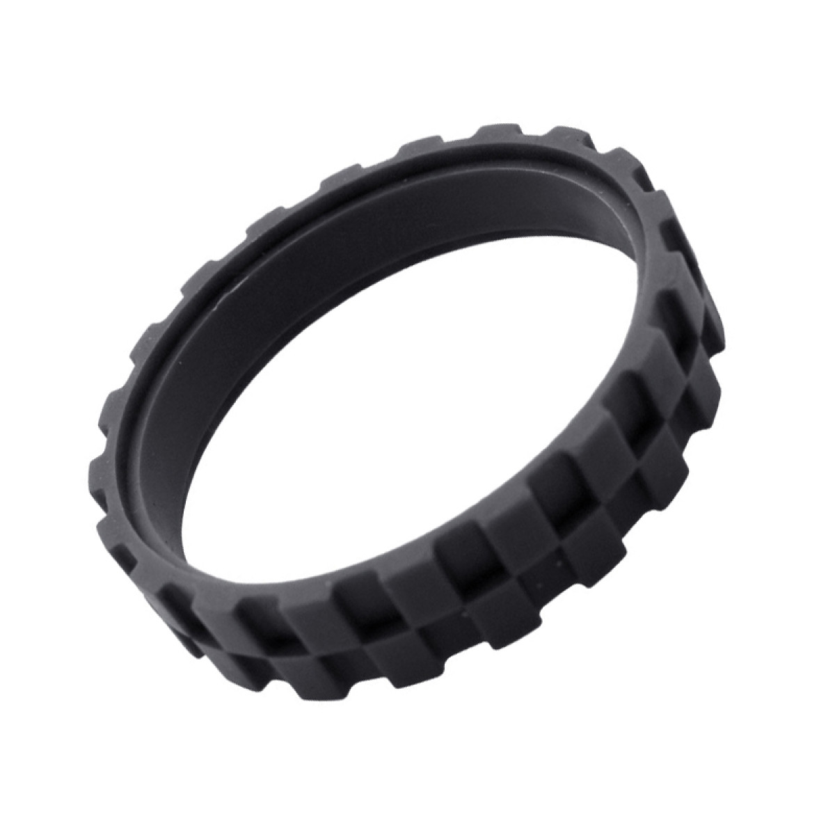 Czarny gumowy pierścień z teksturowaną krawędzią na białym tle.