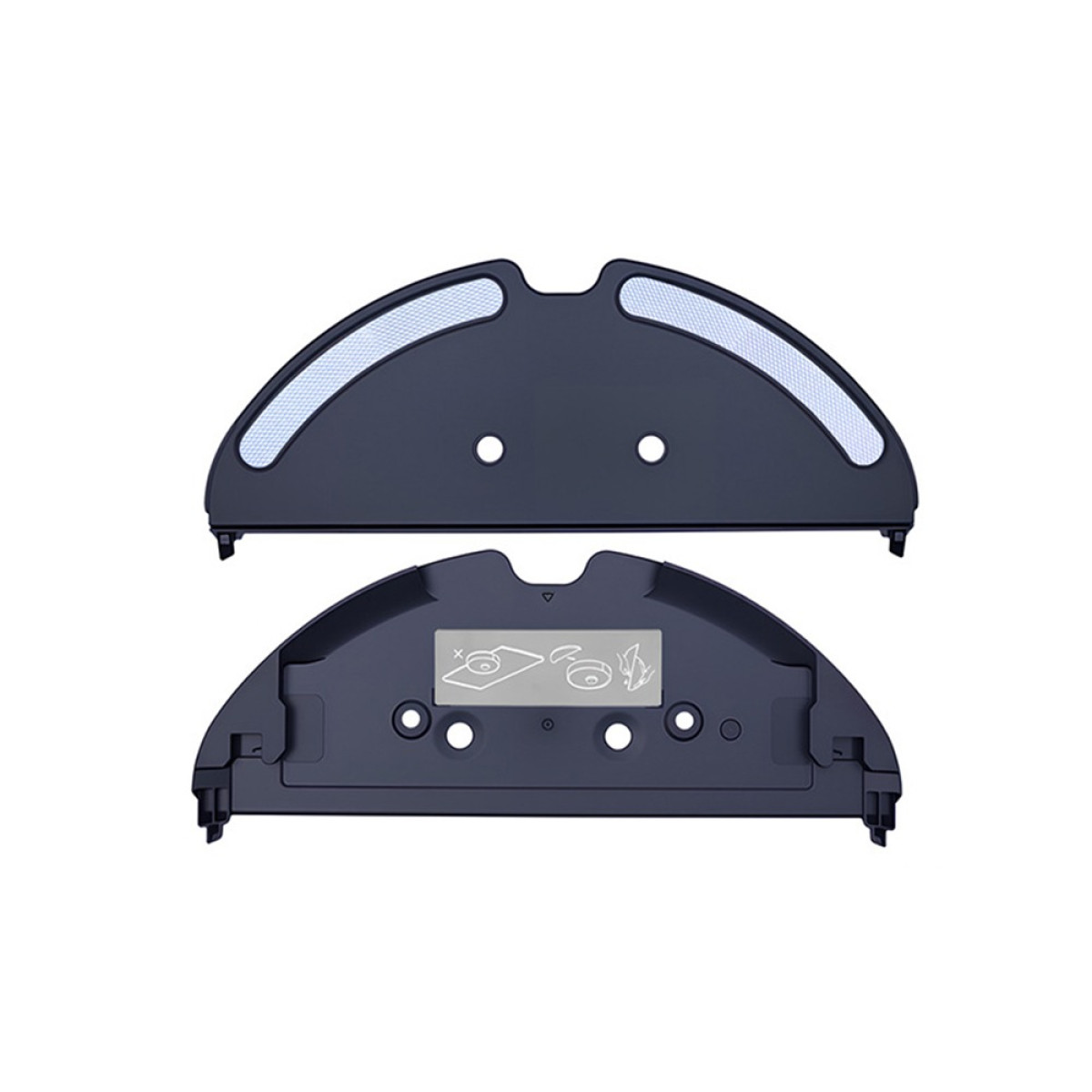 Dwa ciemnoszare filtry pojemnika na kurz do odkurzacza robota. Jeden jest płaski, drugi ma zakrzywioną podstawę.