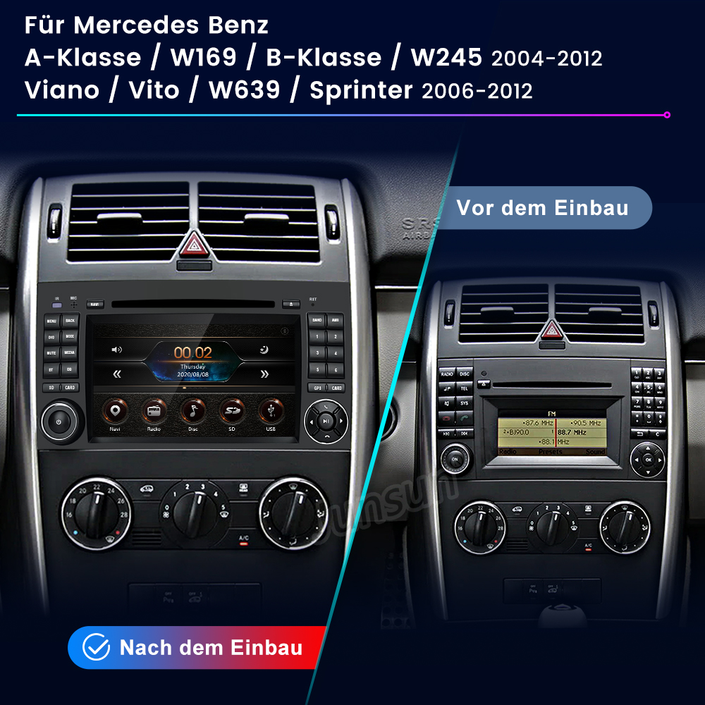Mercedes Benz Autoradio vor und nach Einbau. Zeigt Armaturenbrett-Bildschirme.
