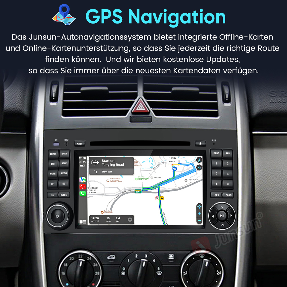 Autonavigationssystem mit GPS-Karte zeigt eine Route an, die in 3 Minuten beginnt.