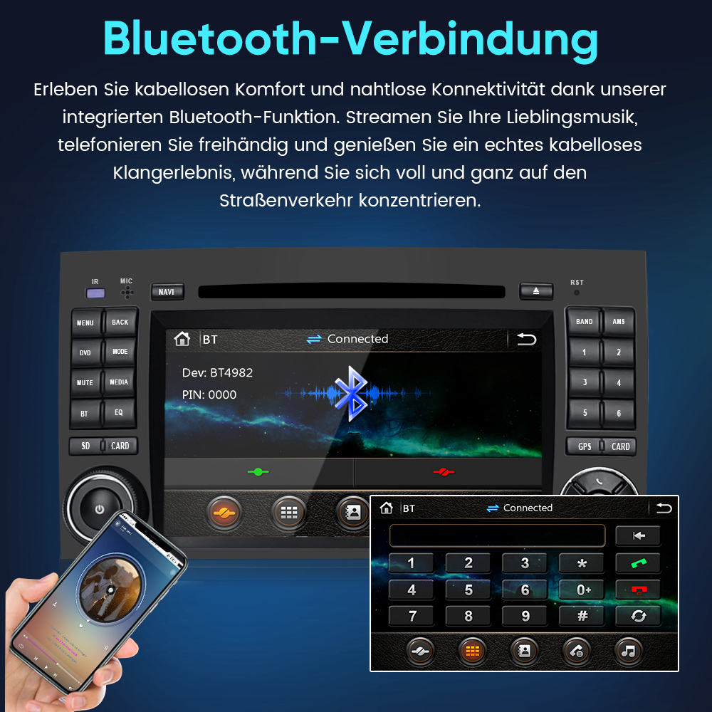 Auto-Touchscreen zeigt Bluetooth-Verbindungsstatus und Tastatur an. Eine Hand hält ein Telefon mit Musikwiedergabe.