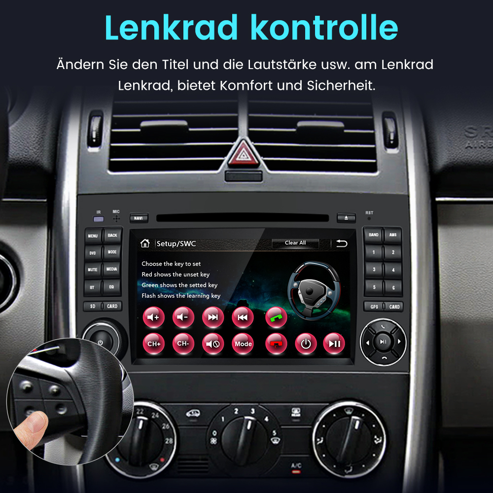 Autodashbord mit Touchscreen zeigt Lenkradsteuerungseinstellungen.