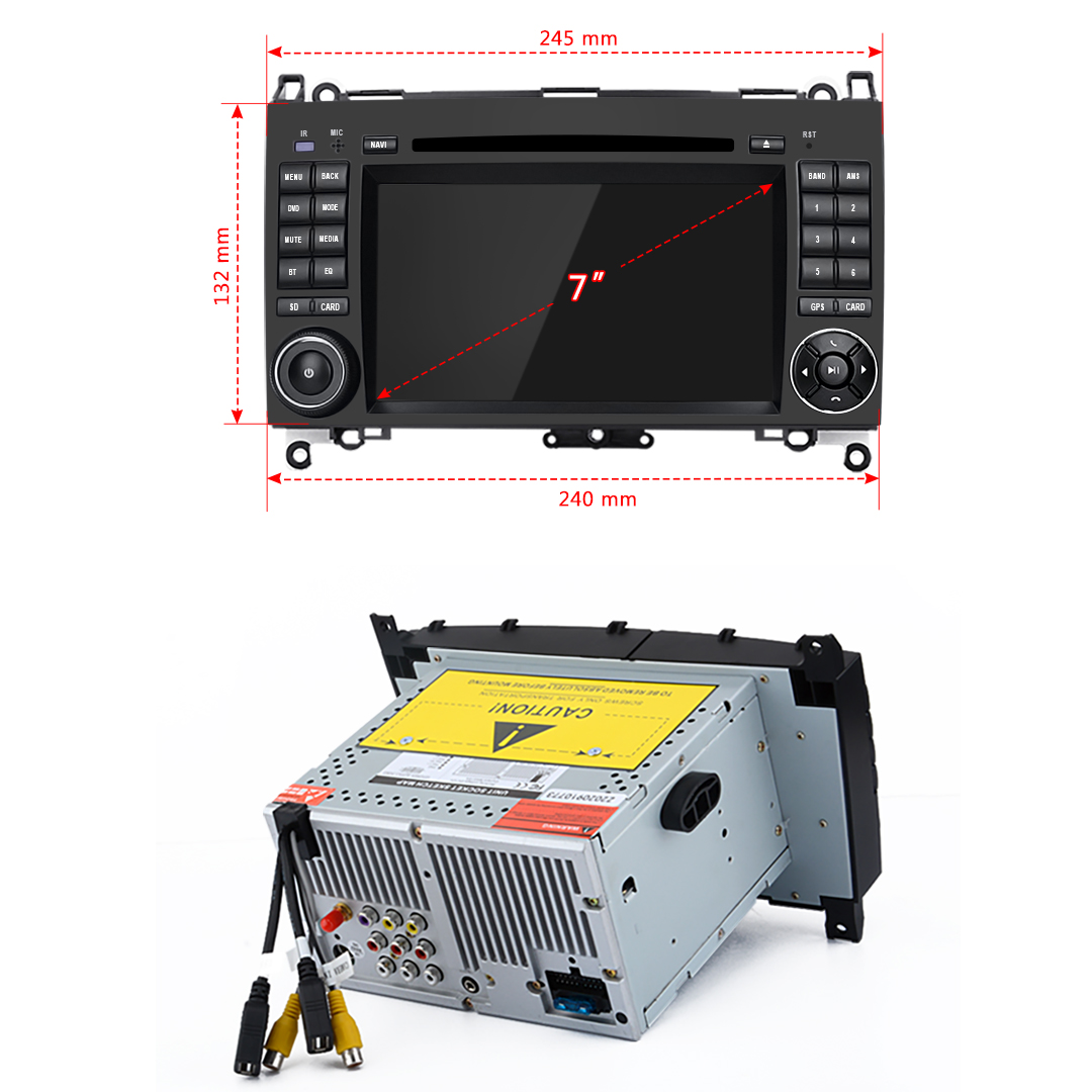 Vorderansicht eines 7-Zoll-Autostereos mit Tasten und Bildschirm. Rückansicht zeigt Anschlüsse.