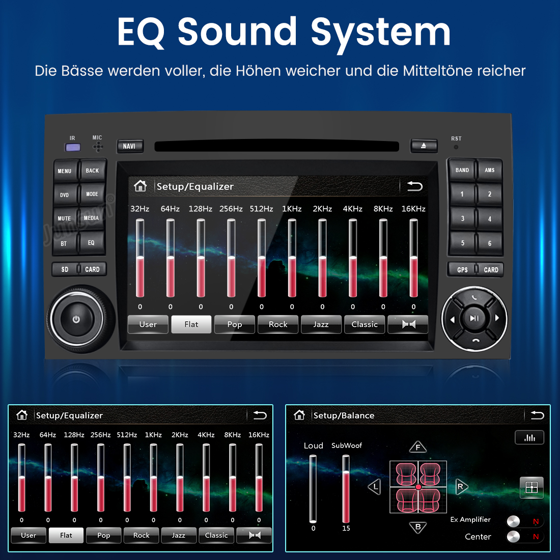 Bildschirm eines Auto-Equalizer-Systems mit Balkendiagrammen und Einstellungen für Bass, Höhen und Mitten.