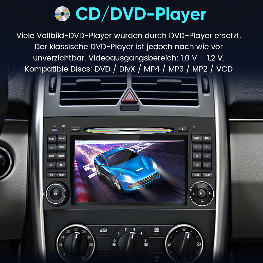 Autodashboard mit CD/DVD-Player, der einen blauen Sportwagen auf einer Rennstrecke zeigt.