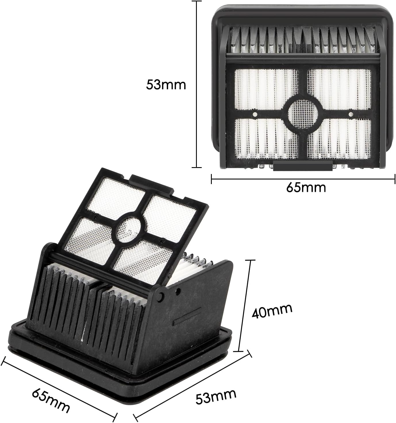 Czarny filtr powietrza z białymi sekcjami siatkowymi. Wymiary: 53x65mm, wysokość 40mm.