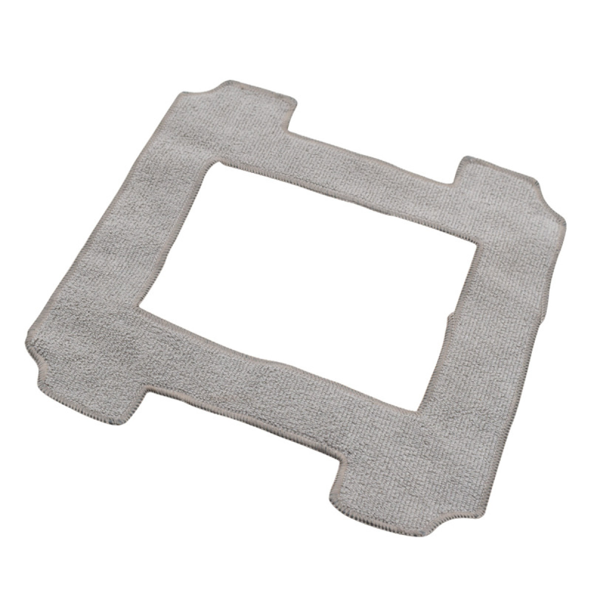 Szary, prostokątny pad mopa z mikrofibry z wyciętym środkiem leży na białym tle.