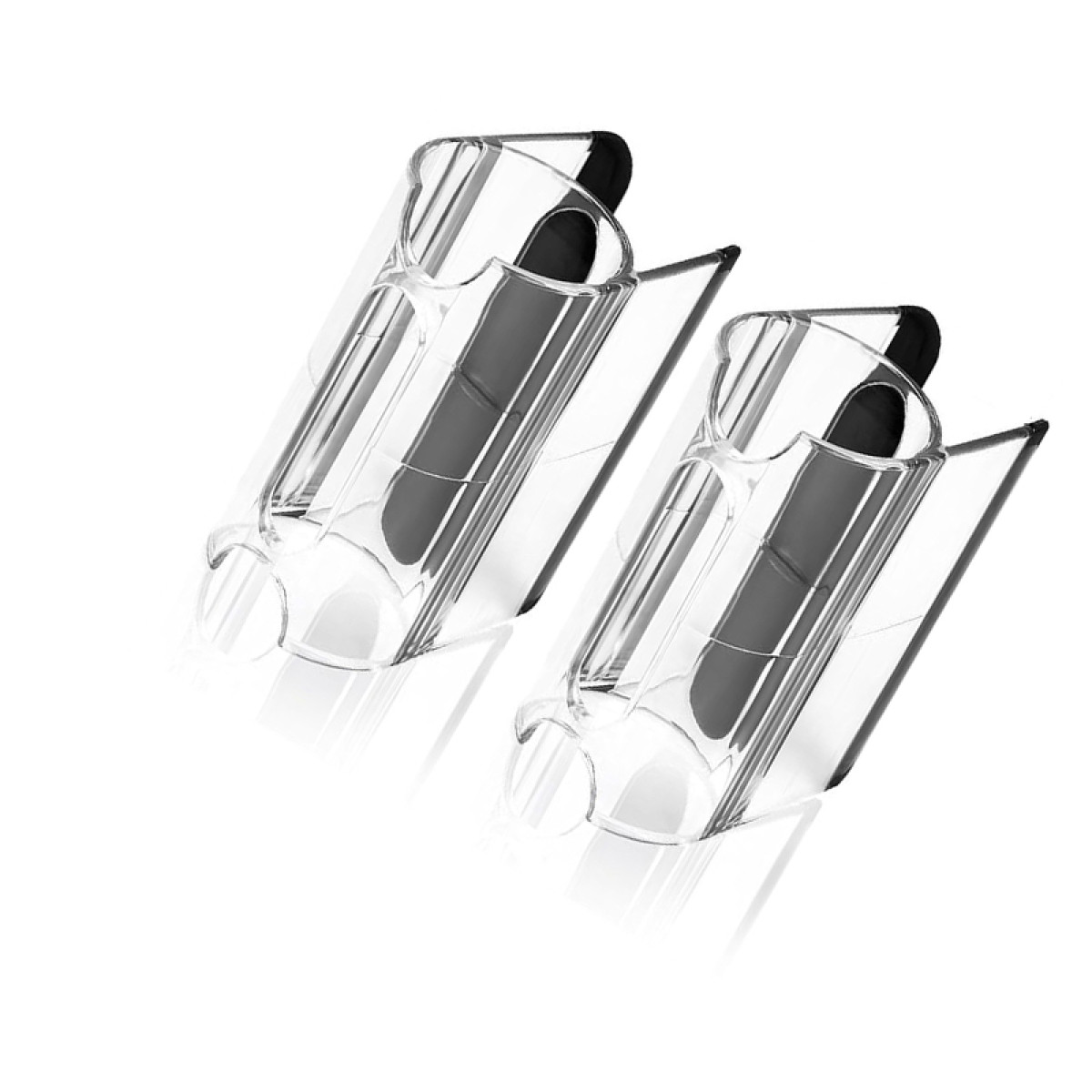 Dwa przezroczyste plastikowe uchwyty z ciemną wkładką na białym tle.