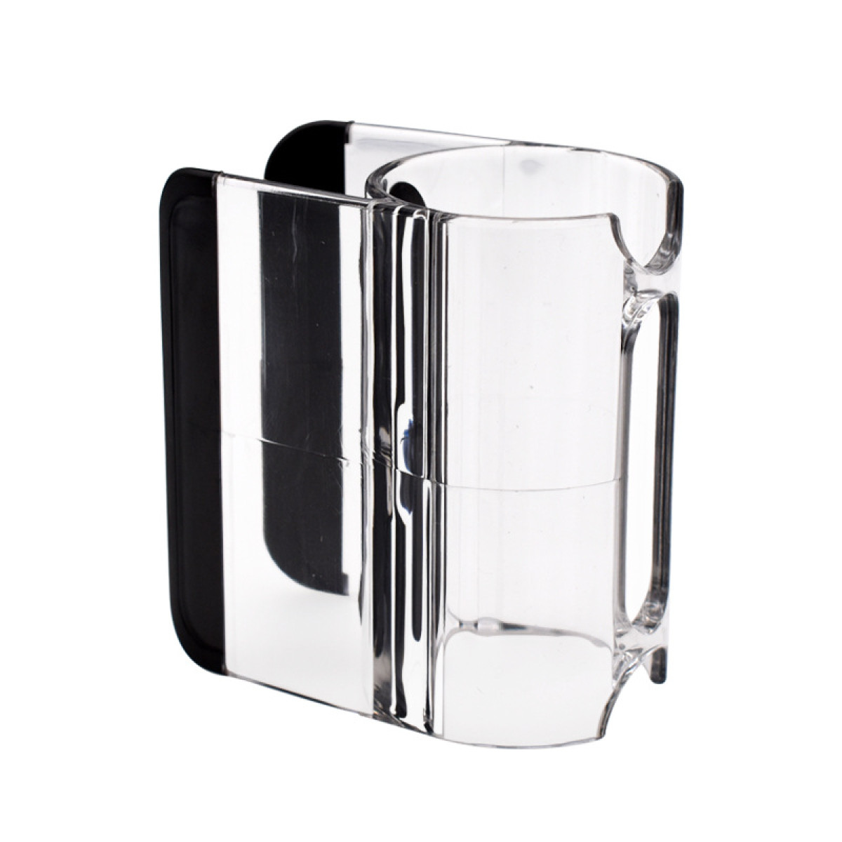 Przezroczysty uchwyt na kubek z czarnym tyłem, na białym tle.