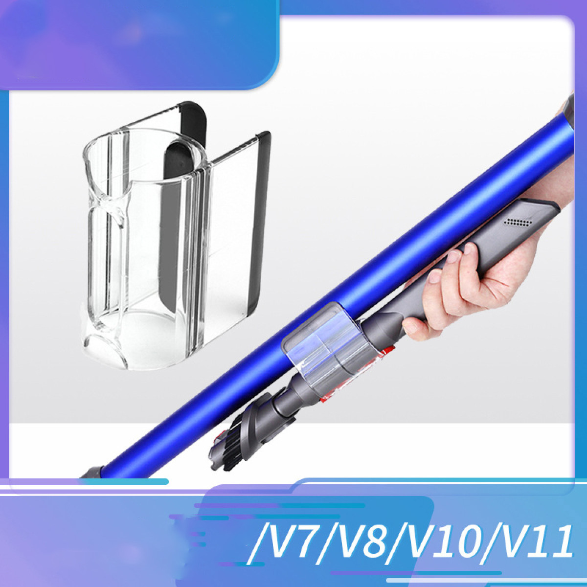 Przezroczysty plastikowy uchwyt obok niebieskiej rury odkurzacza trzymanej przez rękę.