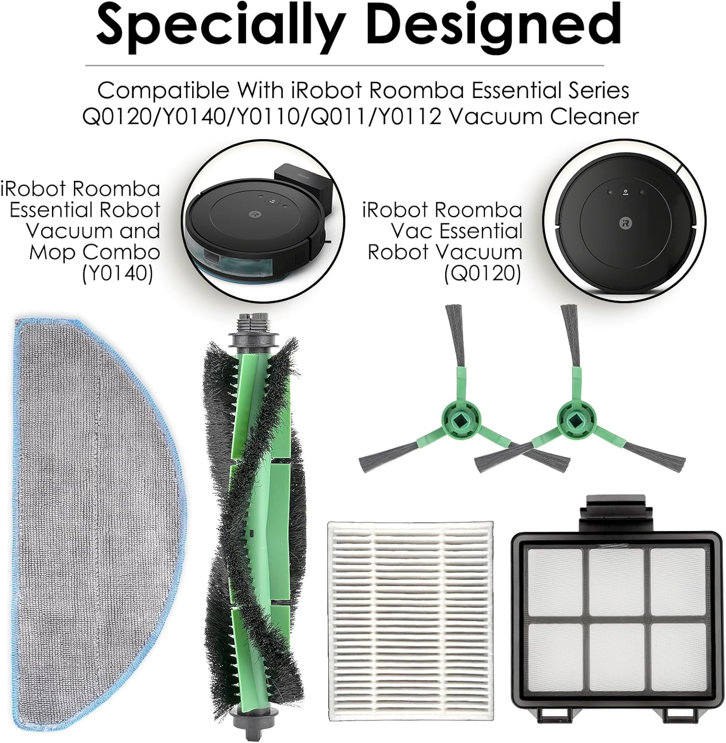 Akcesoria iRobot Roomba: nakładka mopująca, szczotki, filtry i roboty sprzątające.