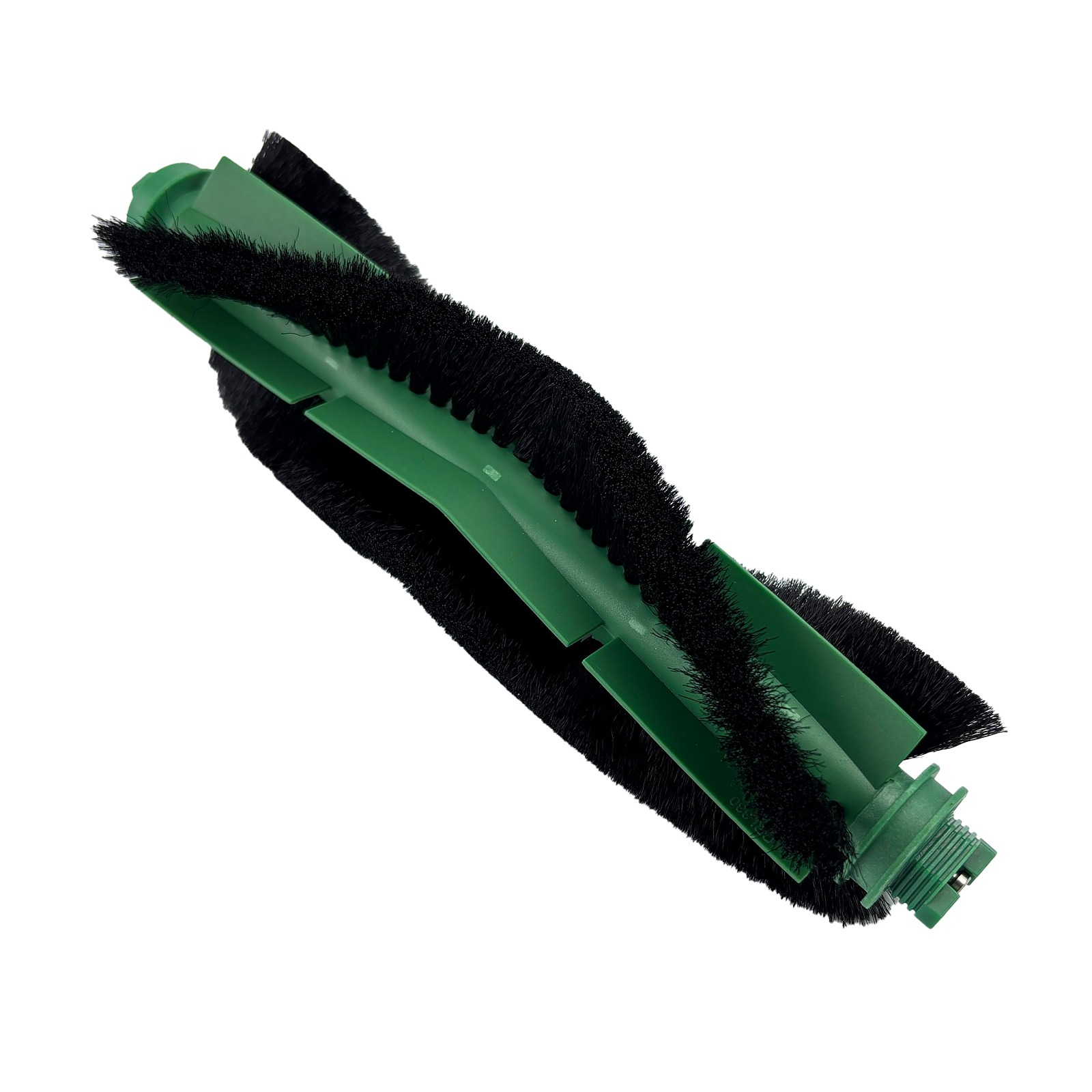 Zielona szczotka z czarnym włosiem, na białym tle.