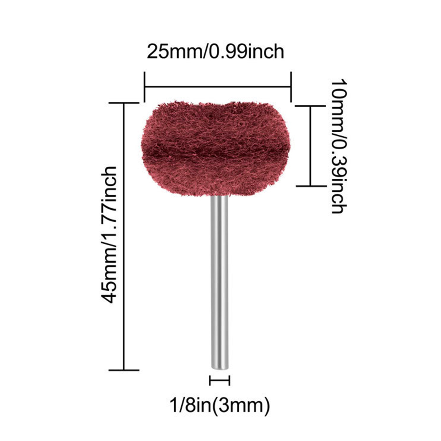 Bordowa tarcza szlifierska o wymiarach: 45mm x 25mm x 10mm na metalowym trzpieniu.