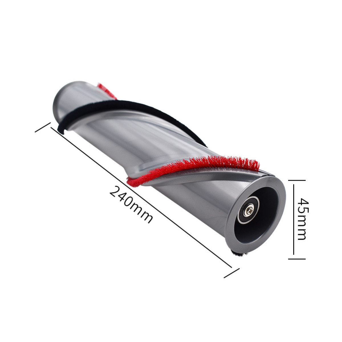 Szara szczotka rolkowa odkurzacza, 240mm długa, 45mm szeroka, z czerwonymi włosiem.