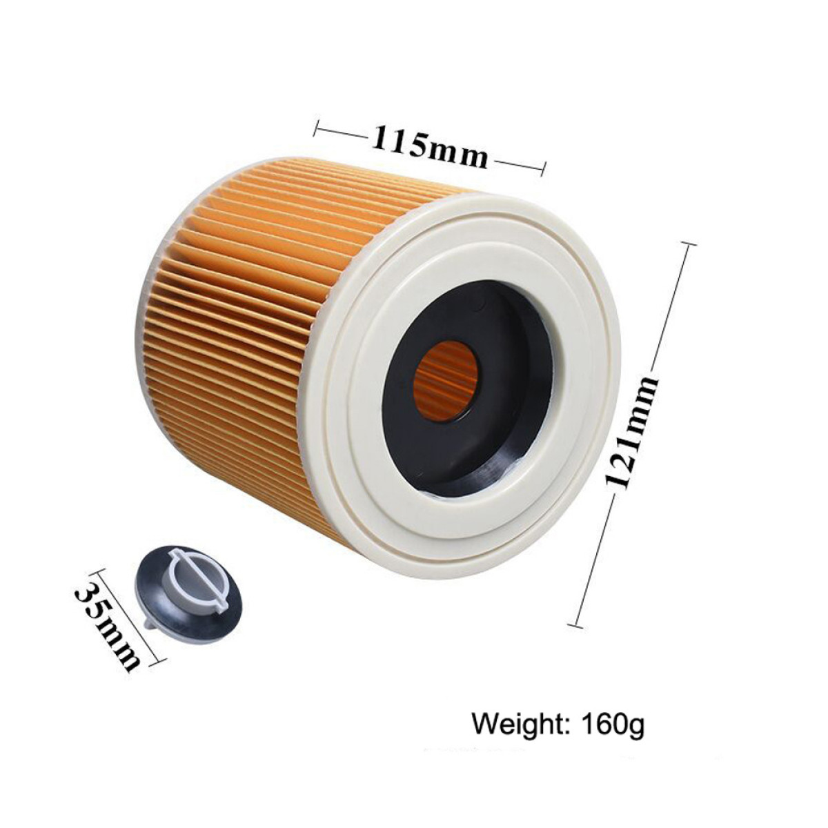 Cylindryczny pomarańczowy filtr powietrza z białym wykończeniem, wymiary 115x121mm, i mała czarna nakrętka.