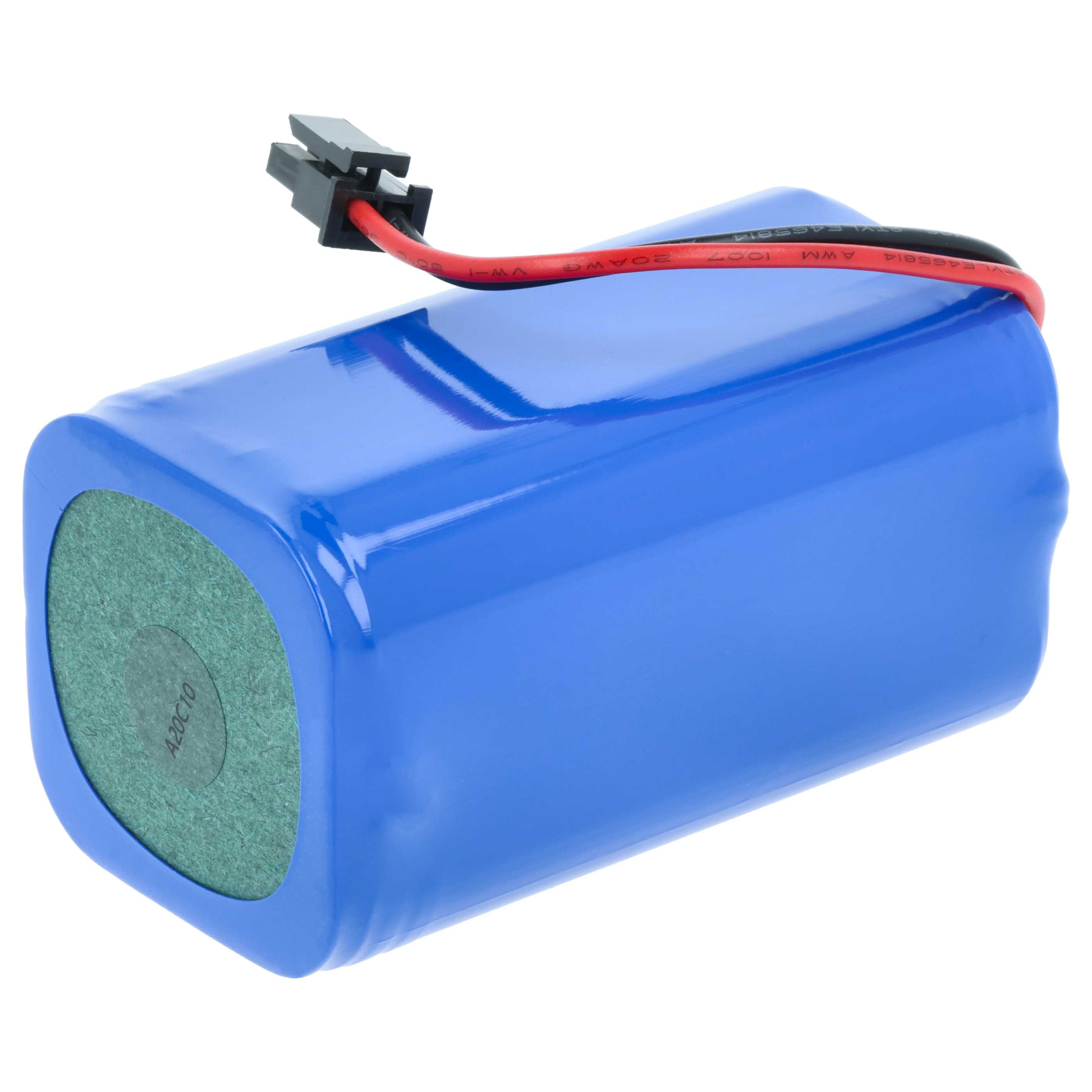 Blauer Akkupack mit schwarzem Stecker und rotem Kabel.
