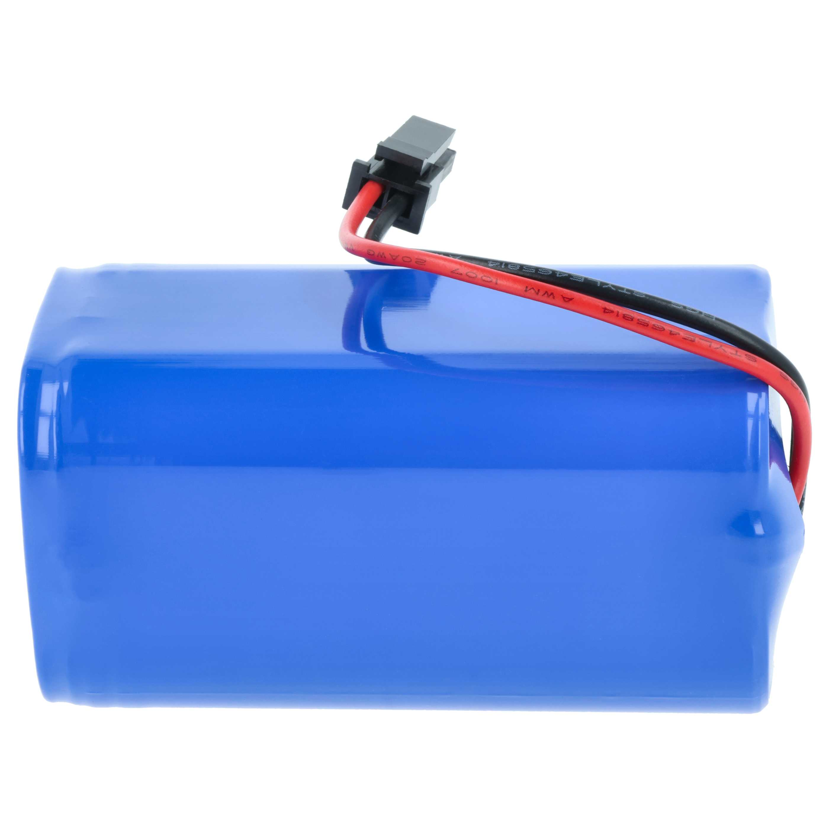 Ein blaues Akkupack mit rotem und schwarzem Kabel und Stecker.