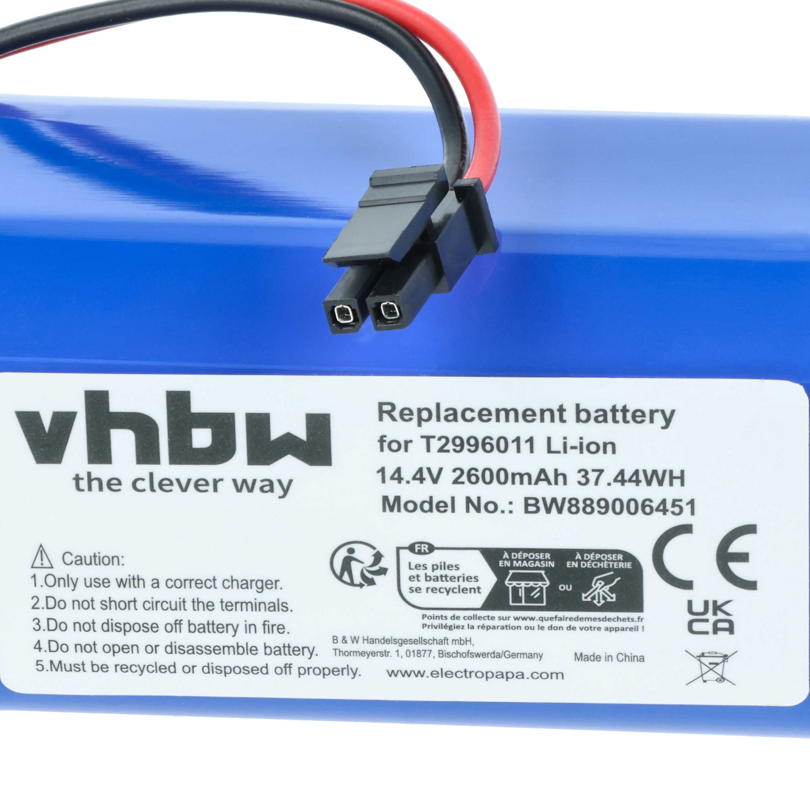 Blauer Akku mit schwarzem und rotem Kabel, Beschriftung: vhbw, 14.4V 2600mAh.
