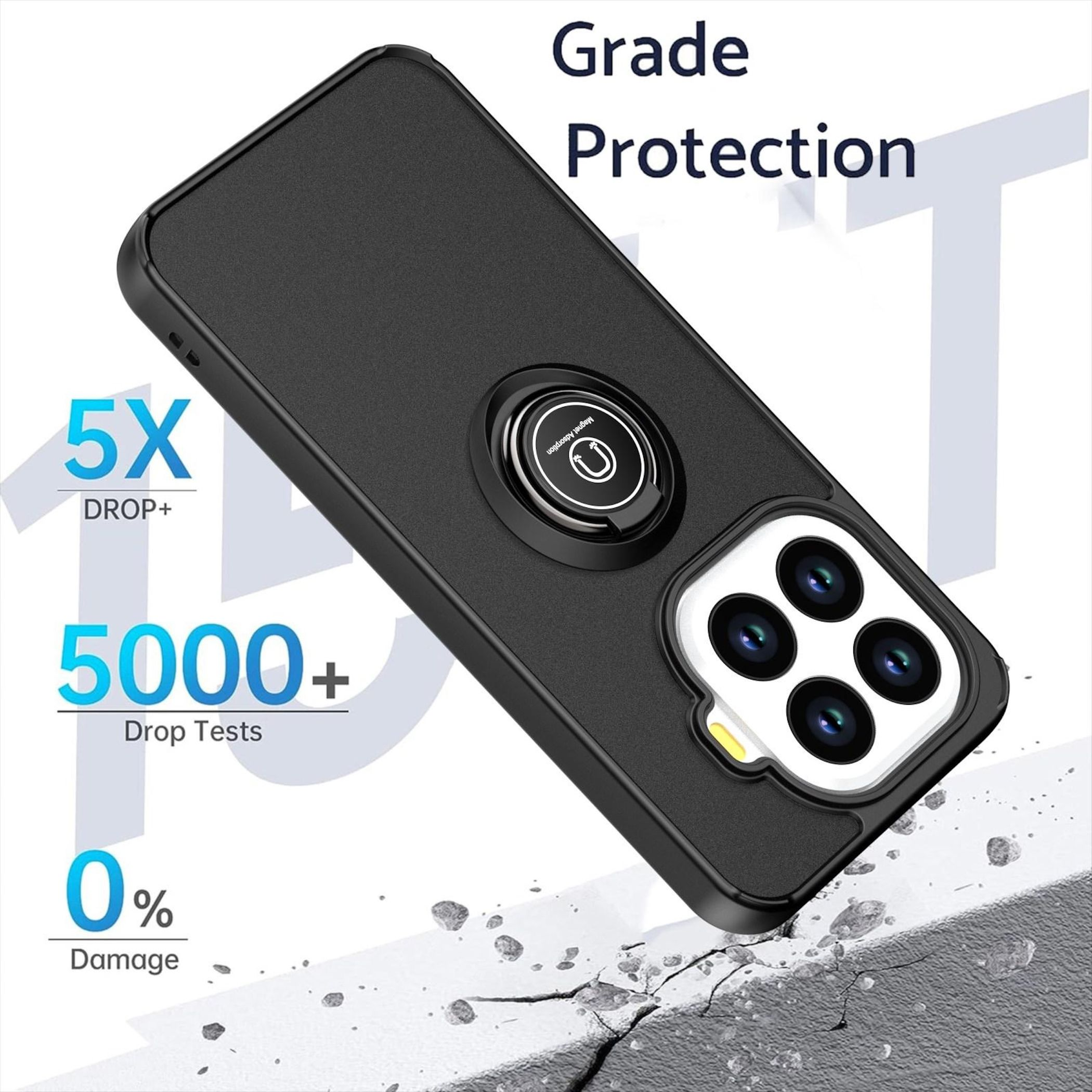 Custodia nera per telefono con anello porta e ritaglio fotocamera. Testo "Grade Protection".