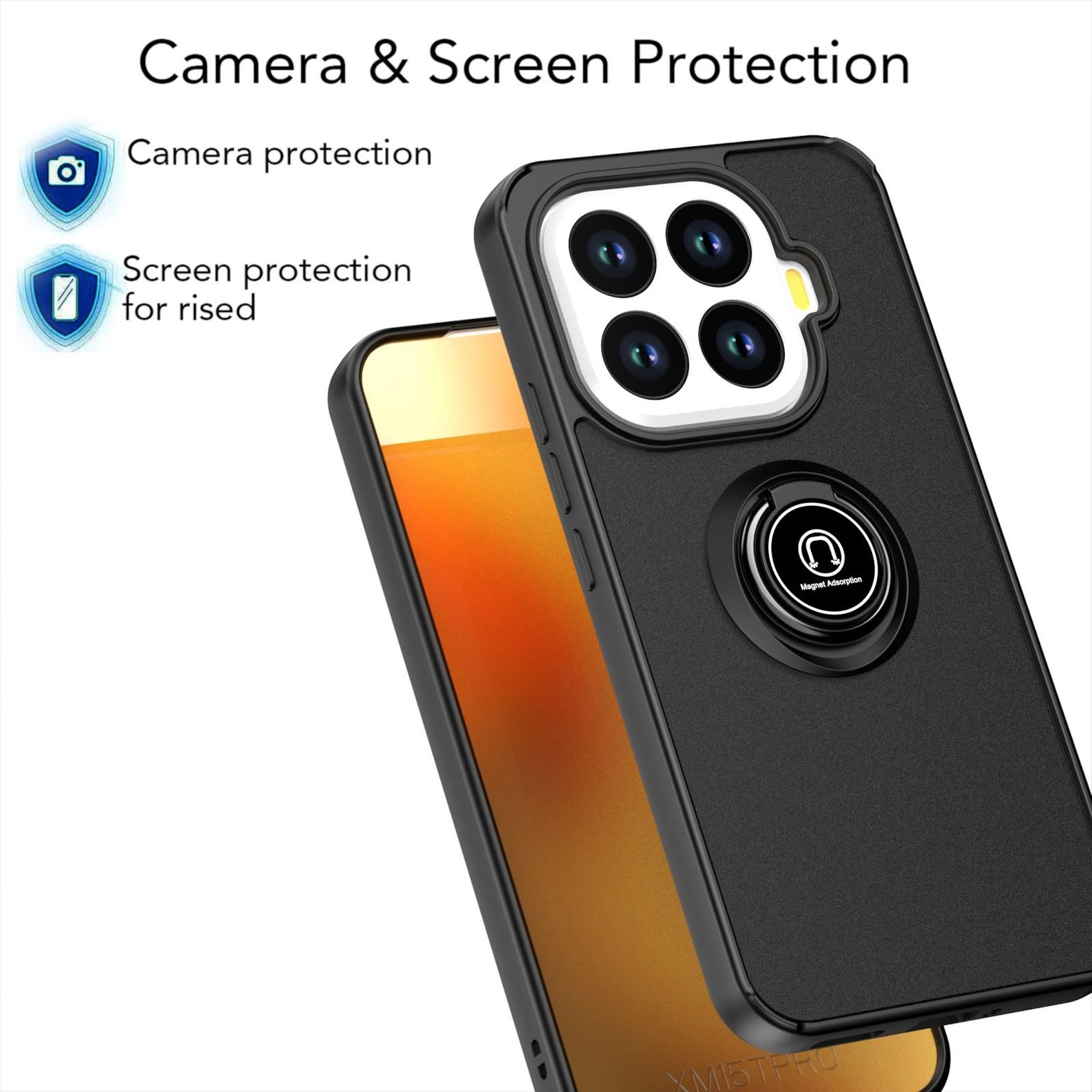 Custodia nera per telefono con quattro obiettivi e anello porta anello.