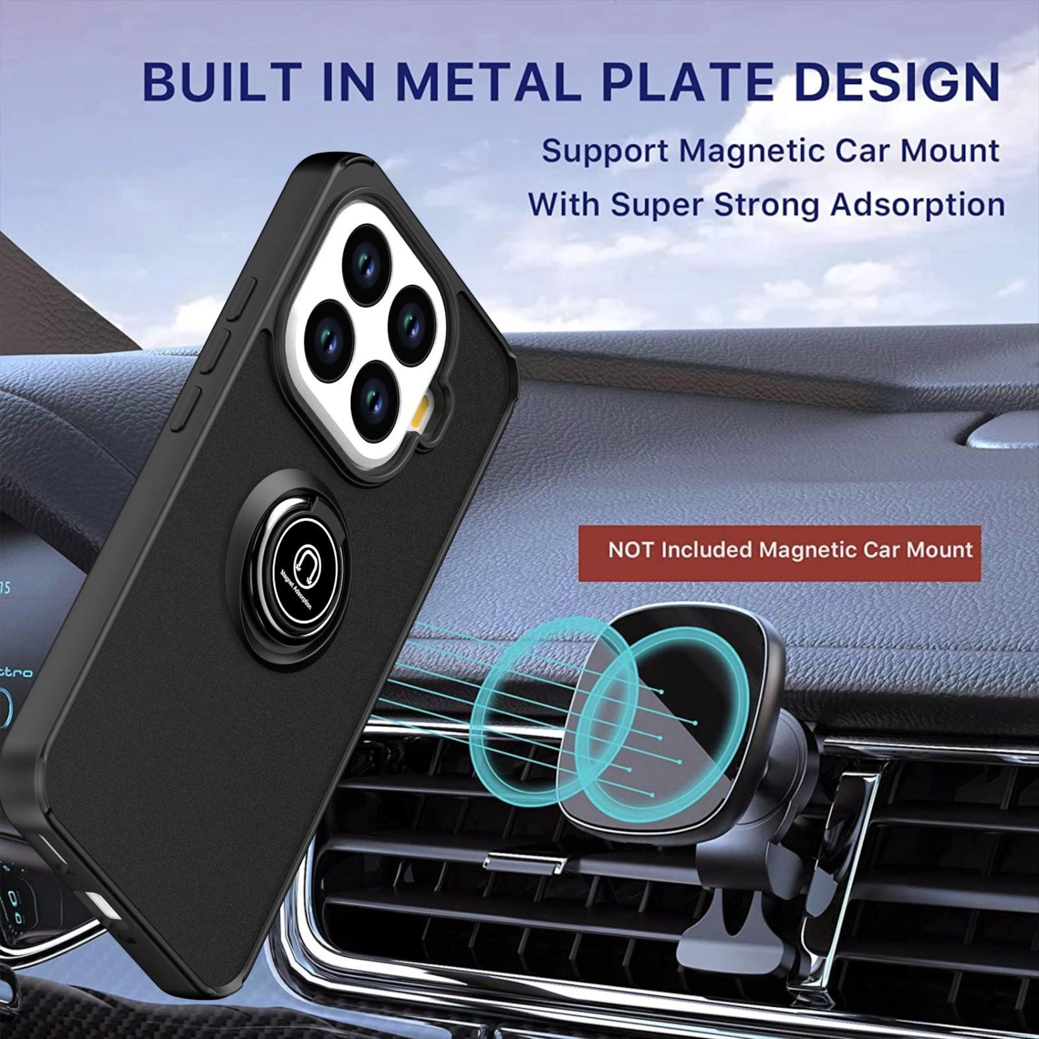 Custodia nera per telefono con design a piastra metallica su supporto per bocchetta d'aria auto. Testo: Built in Metal Plate Design.