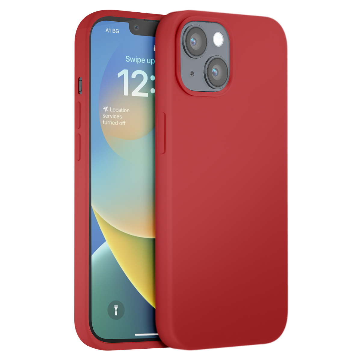 Viene mostrato un iPhone rosso con custodia. Lo schermo dice 'Swipe up 12:34'.