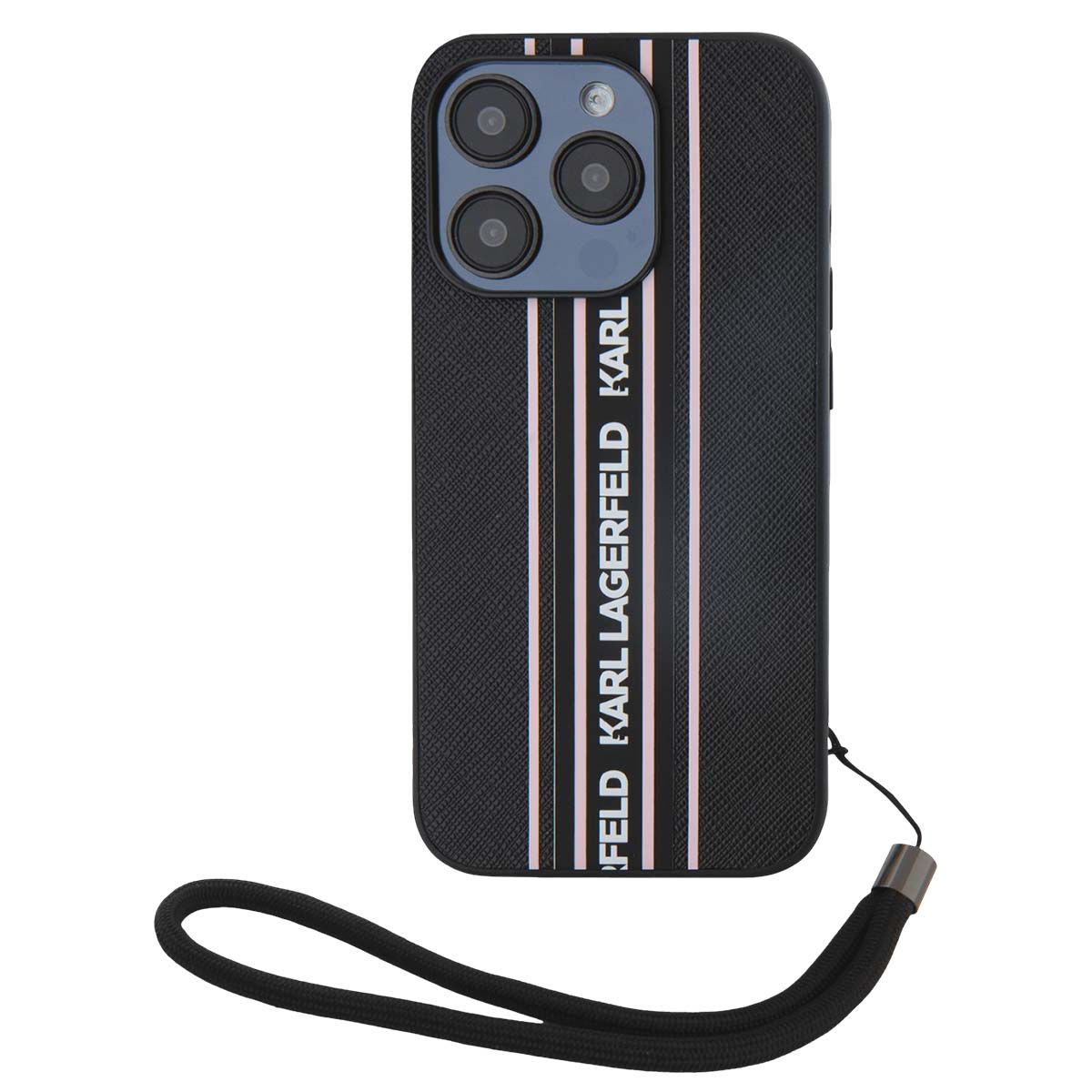 Custodia nera per iPhone con strisce logo Karl Lagerfeld e laccetto.