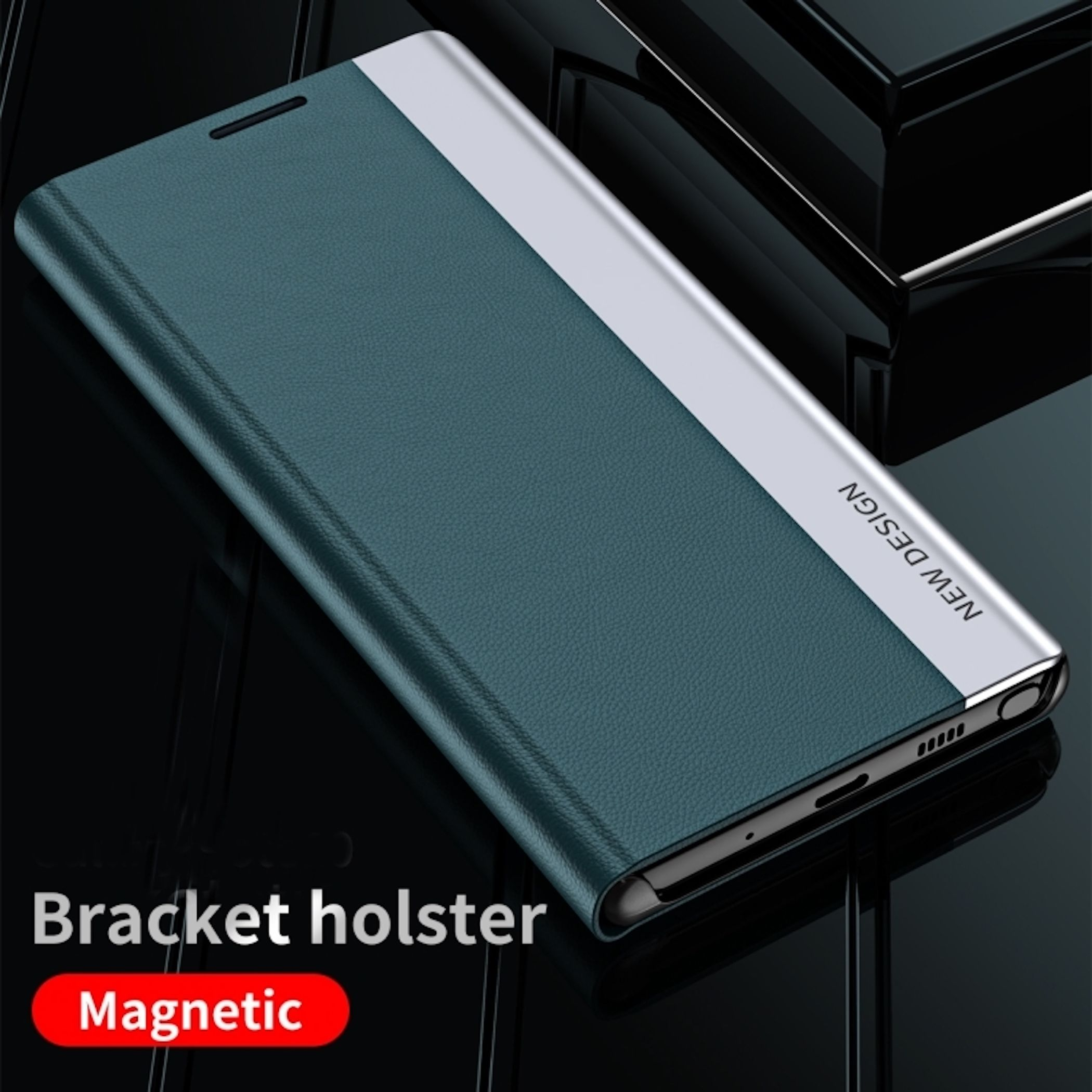 Custodia magnetica a flip per telefono, verde acqua e argento, con testo 'NEW DESIGN'.
