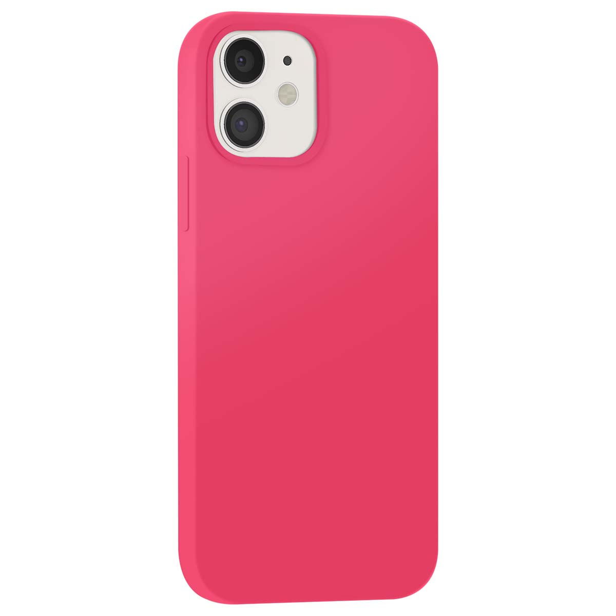 Una custodia per telefono rosa con ritaglio doppia fotocamera su sfondo bianco.