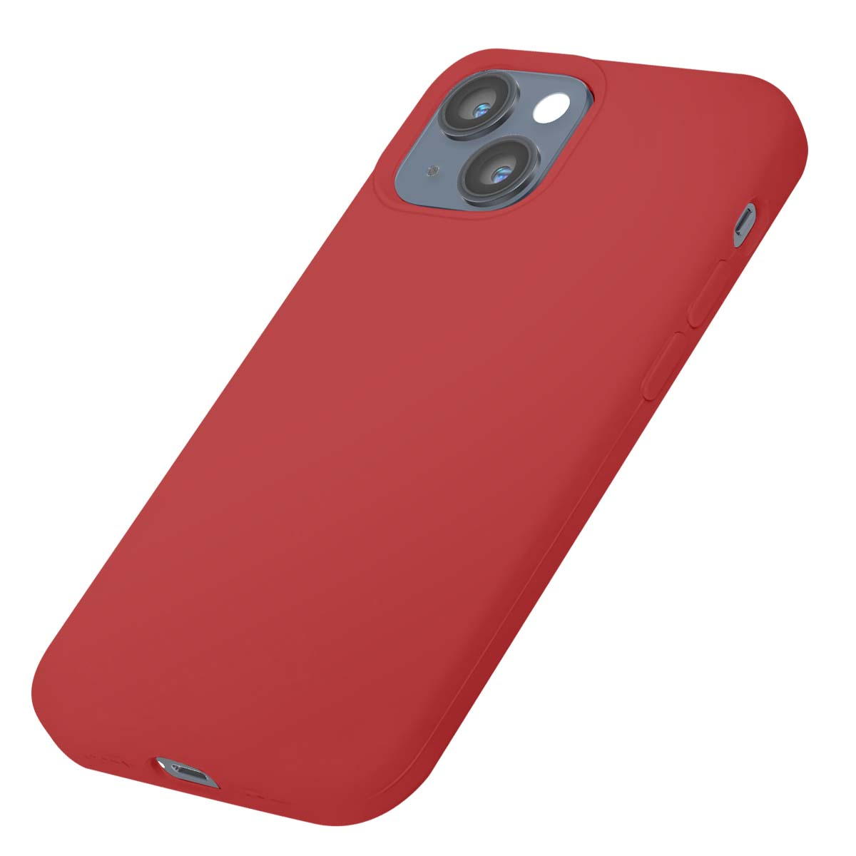 Custodia rossa per telefono con ritaglio doppia fotocamera su sfondo bianco.