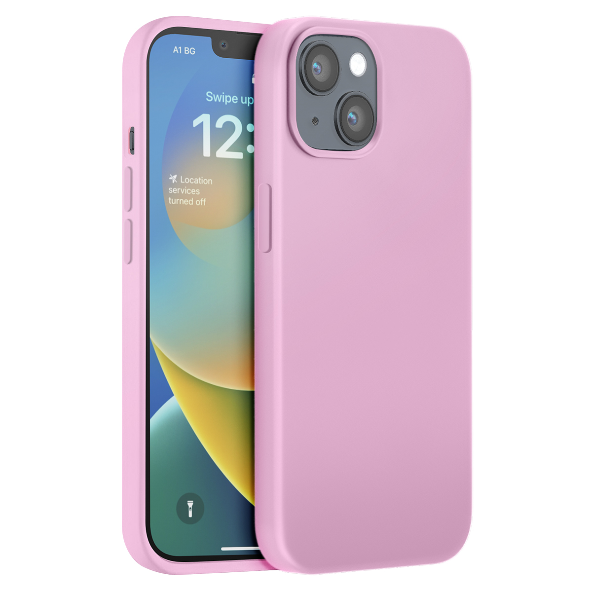 Un iPhone rosa con custodia, appoggiato su una superficie bianca.
