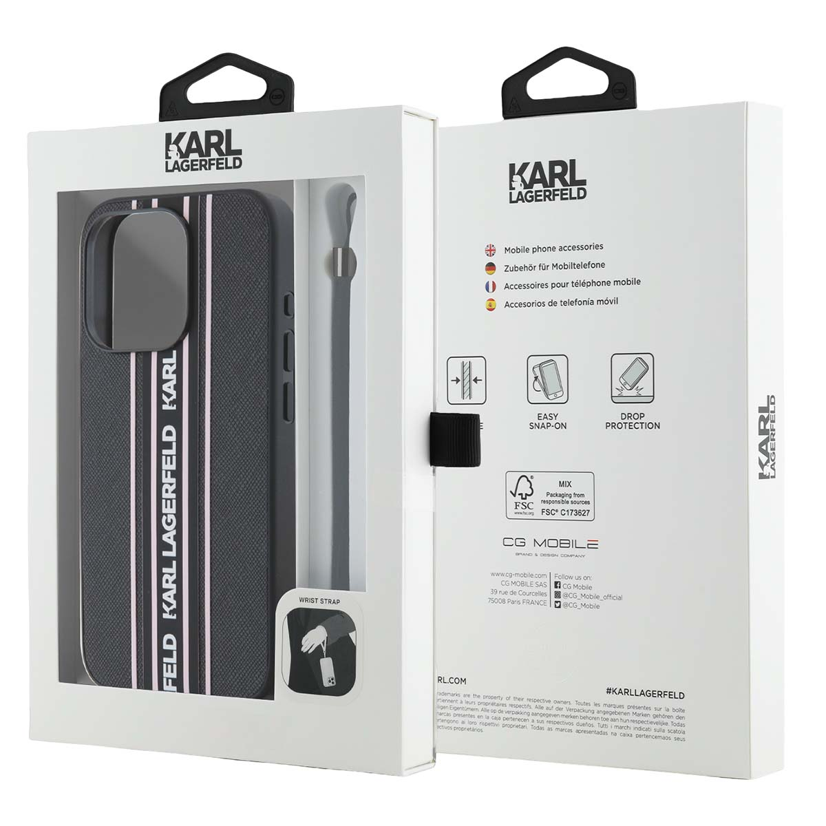 Confezione custodia Karl Lagerfeld con custodia all'interno. Facile aggancio e protezione.