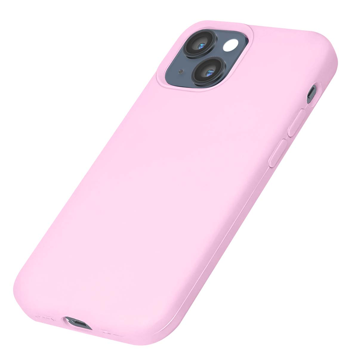 Una custodia rosa per iPhone con ritaglio per doppia fotocamera è mostrata su sfondo bianco.