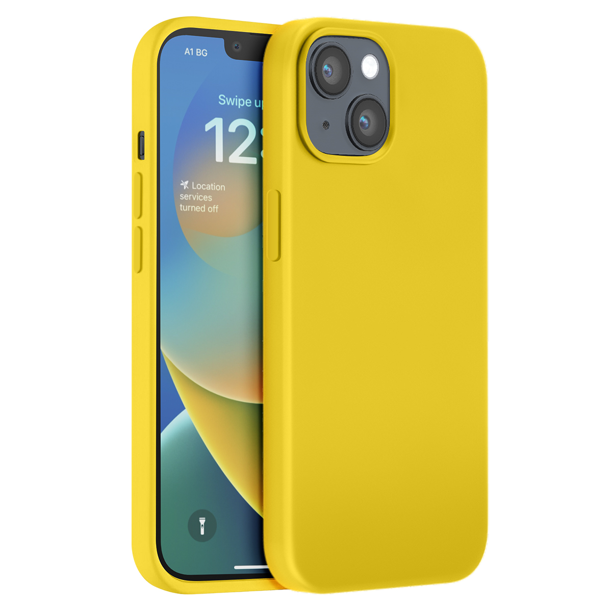 Una cover gialla per iPhone copre uno smartphone con schermata di blocco che mostra "Swipe up 12".