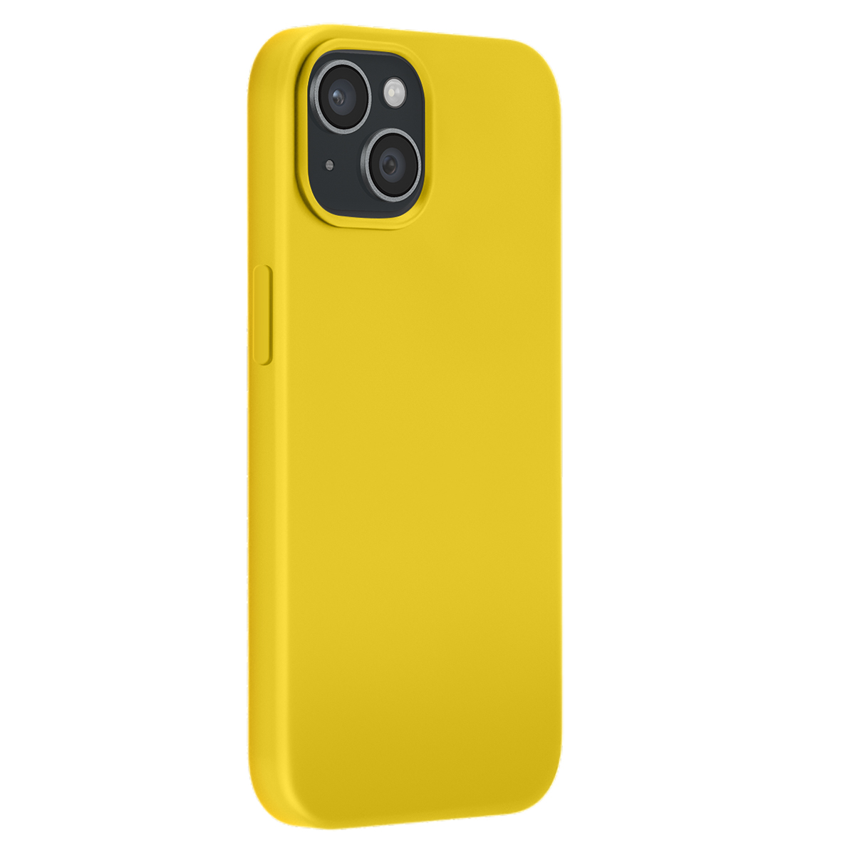 Una custodia gialla per telefono con ritaglio fotocamera e pulsante laterale.