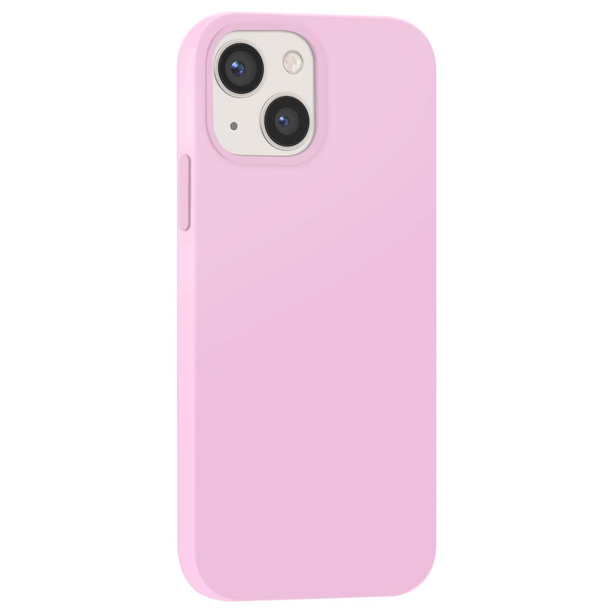 Una custodia rosa per iPhone con ritaglio per doppia fotocamera è mostrata su sfondo bianco.