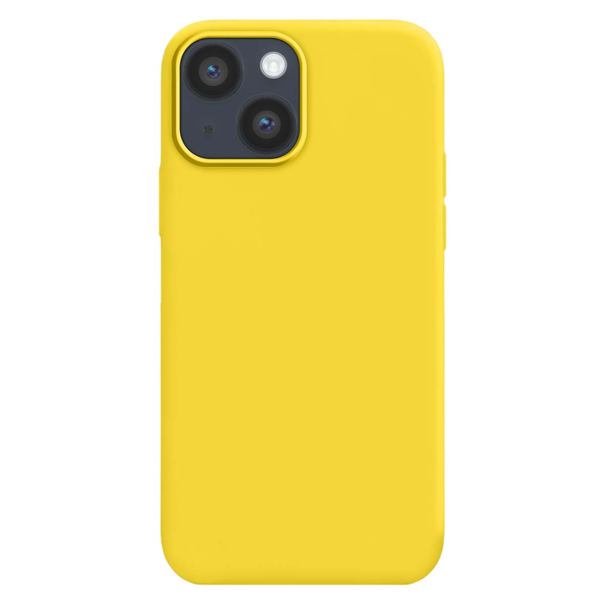 Una custodia gialla per telefono con un array di fotocamere verticale in alto a sinistra sul retro.