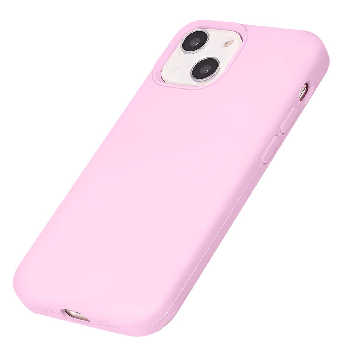 Una cover per telefono rosa pastello con ritaglio per doppia fotocamera.