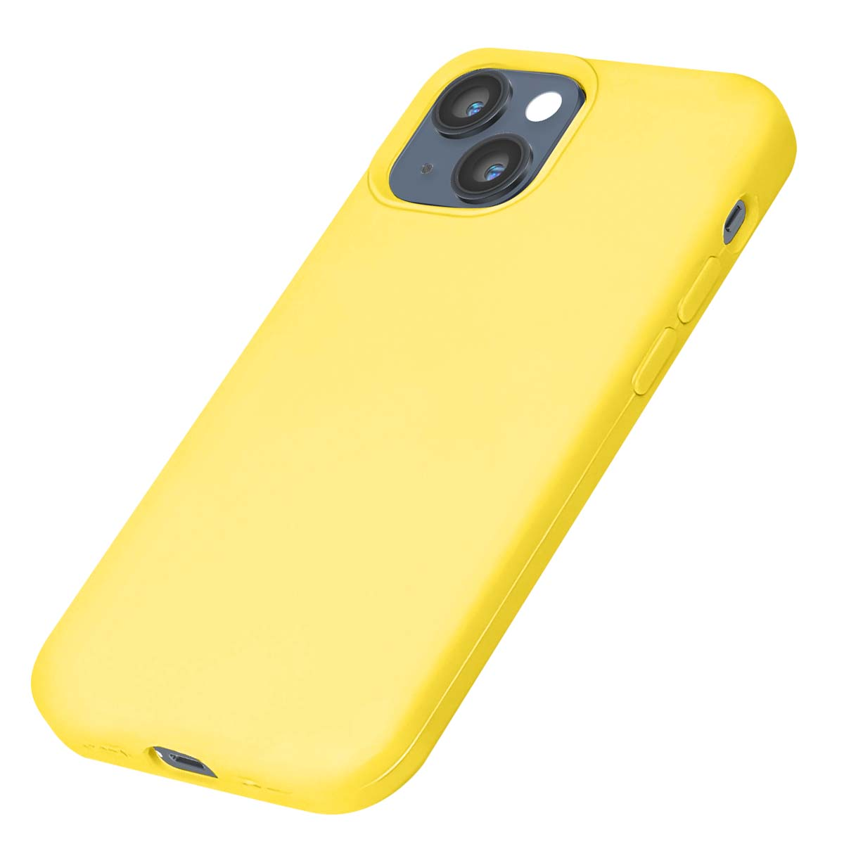 Custodia gialla per telefono con doppia fotocamera posteriore su sfondo bianco.