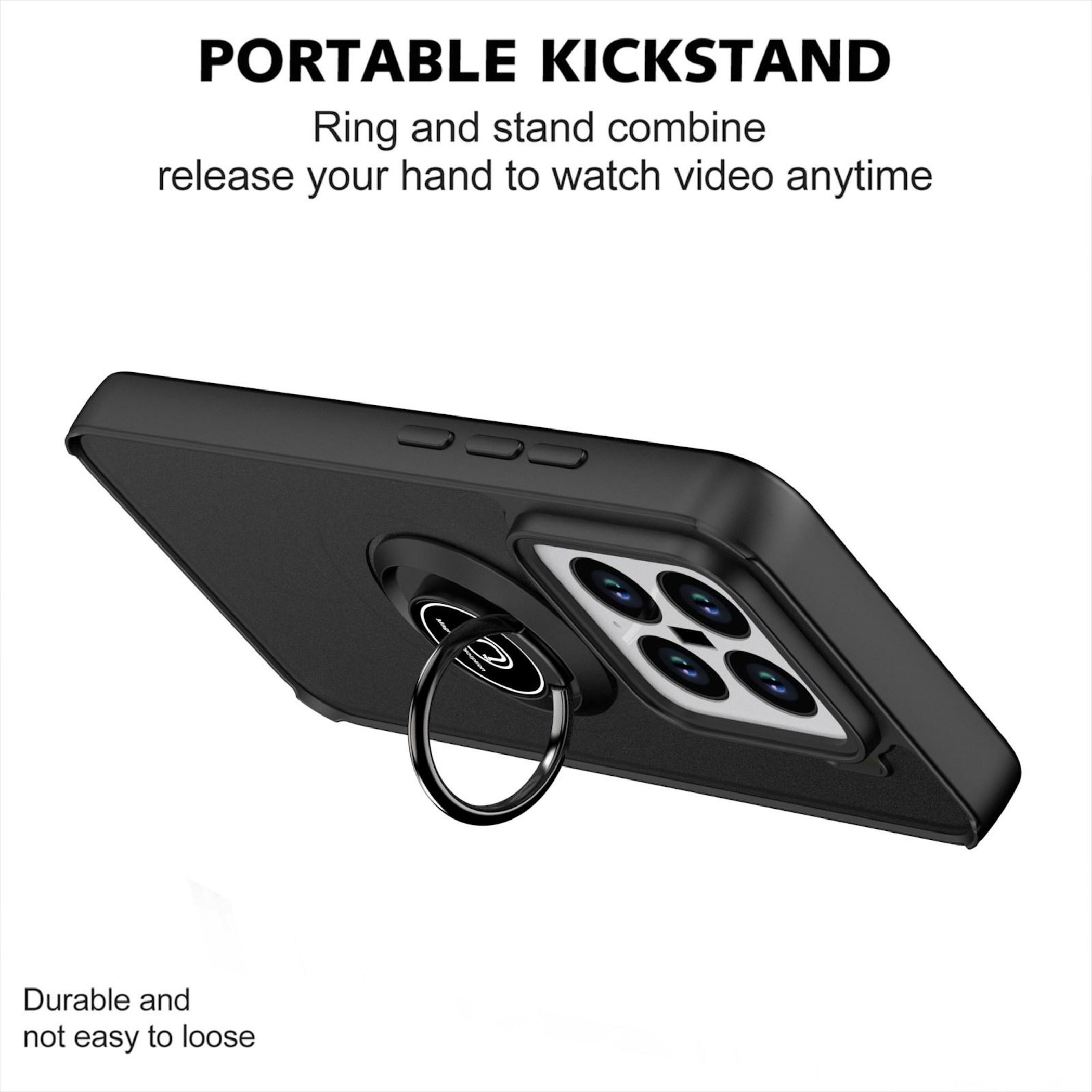 Custodia nera per telefono con anello e lenti multiple. Testo: "Portable Kickstand".