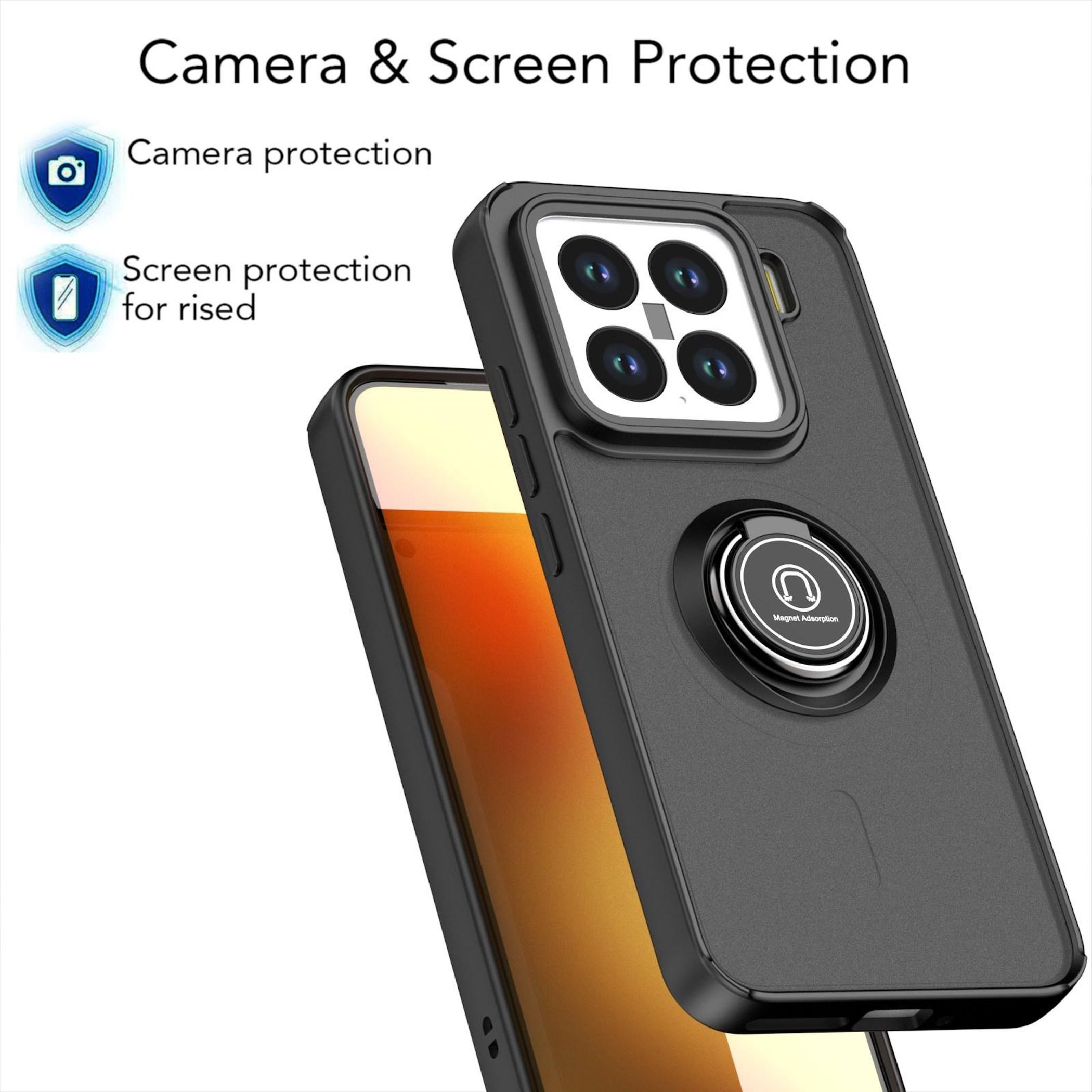 Custodia nera per telefono con anello porta-dita e icone protettive.