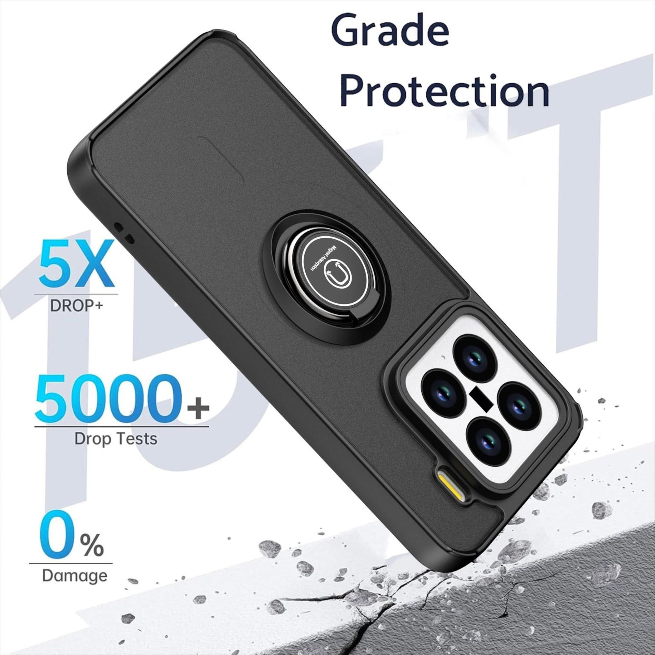 Custodia nera per telefono con anello. Protezione 5X da cadute e 0% danni.