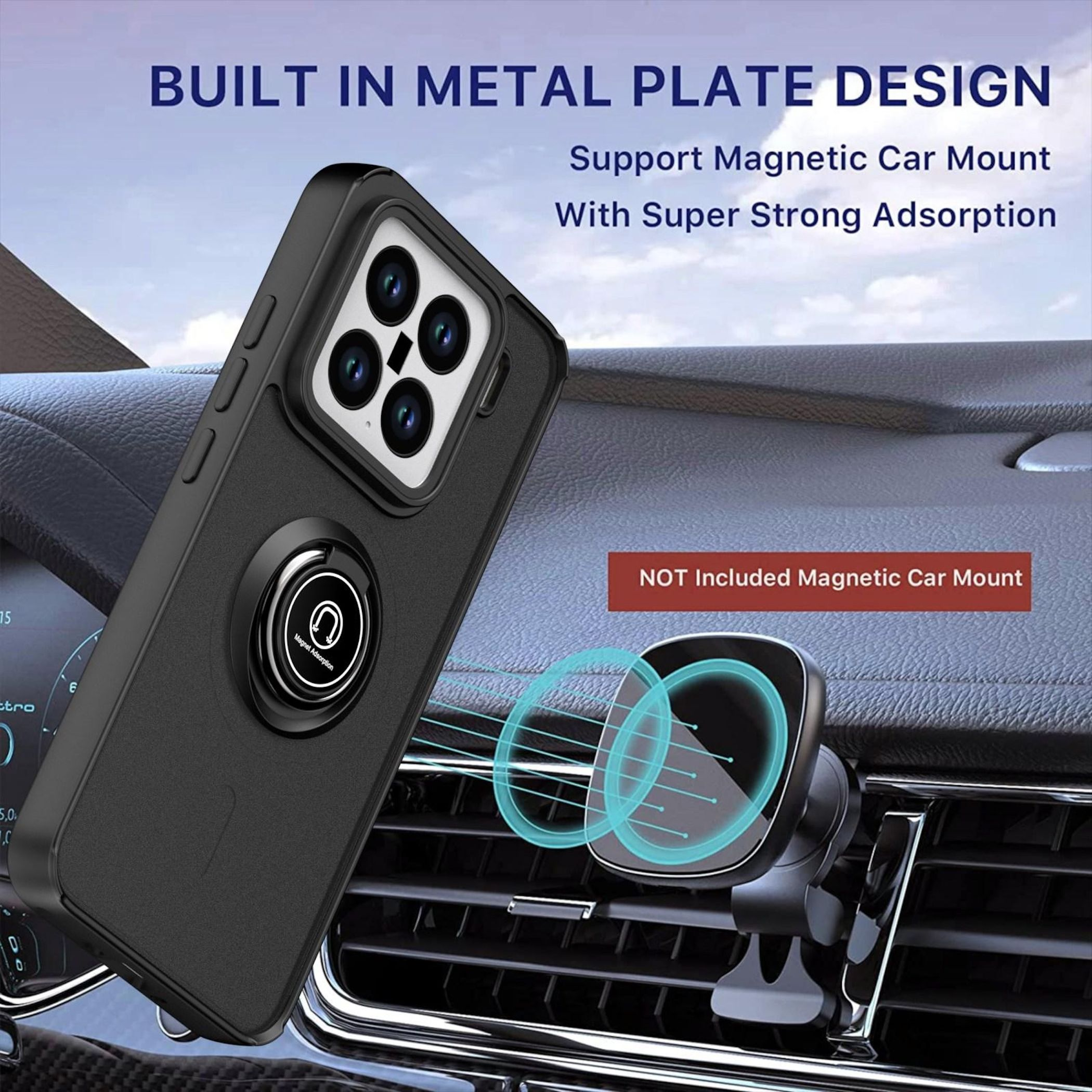 Custodia nera per telefono con supporto ad anello sul cruscotto dell'auto, che mostra l'adsorbimento magnetico.