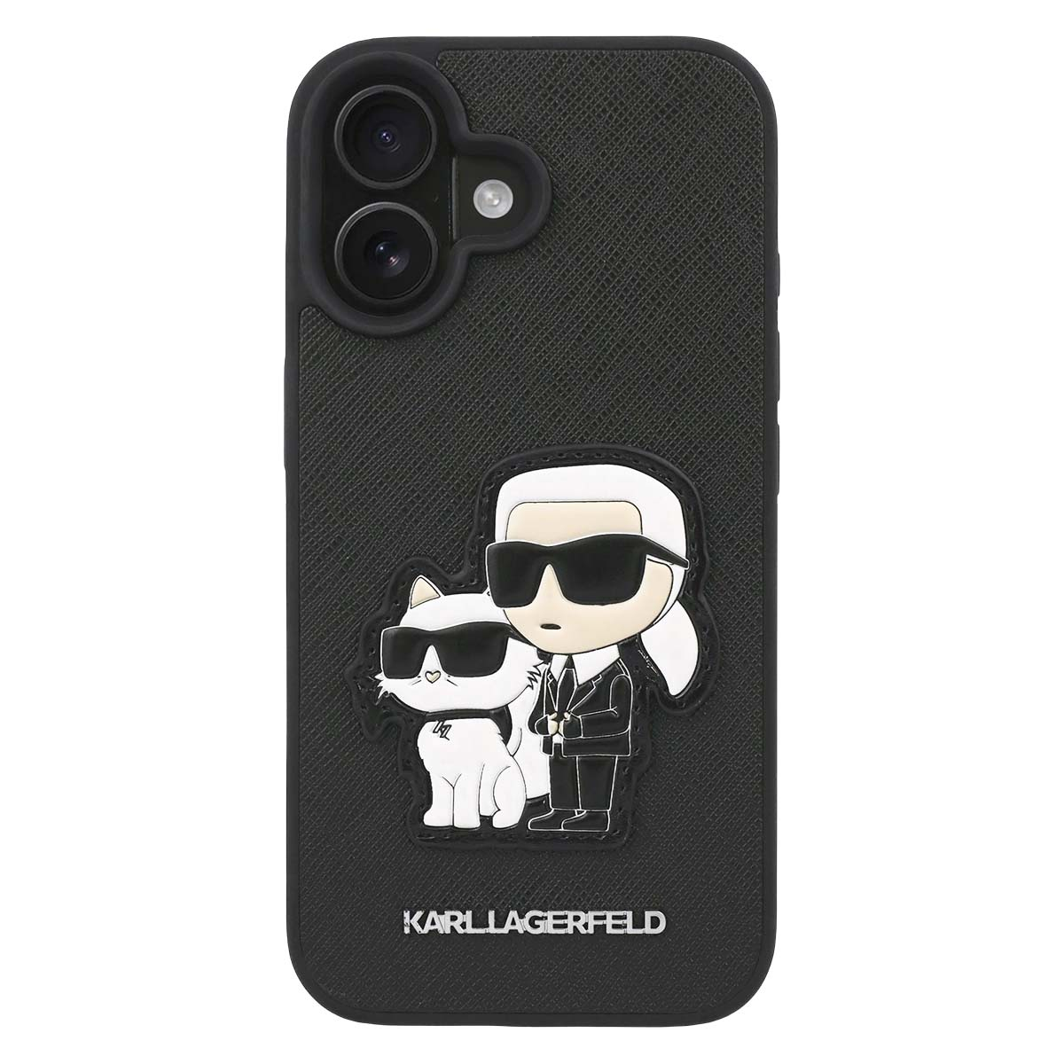 Custodia nera per telefono con Karl Lagerfeld e un gatto con occhiali da sole.