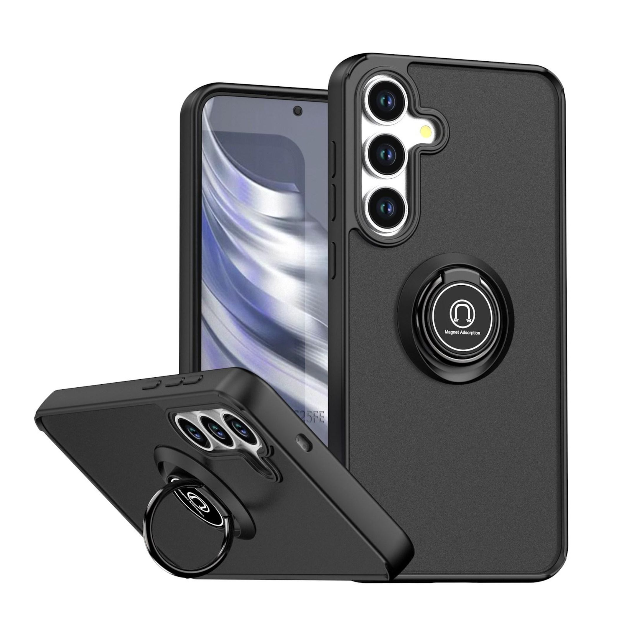 Tre cover nere per telefono, una con anello di supporto, su sfondo bianco.