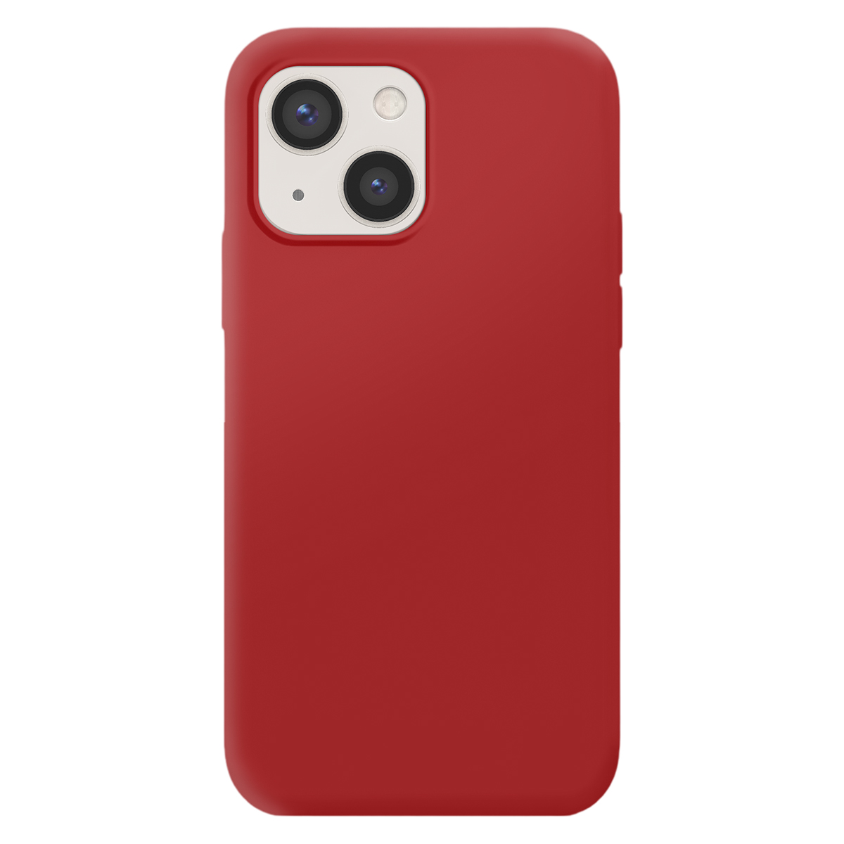 Custodia per telefono rossa con due fotocamere e flash, su sfondo bianco.