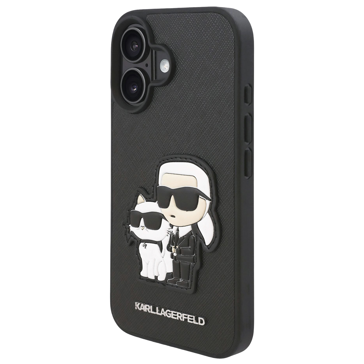 Cover nera per iPhone con figure a cartone animato di Karl Lagerfeld e gatto. Logo Karl Lagerfeld in basso.