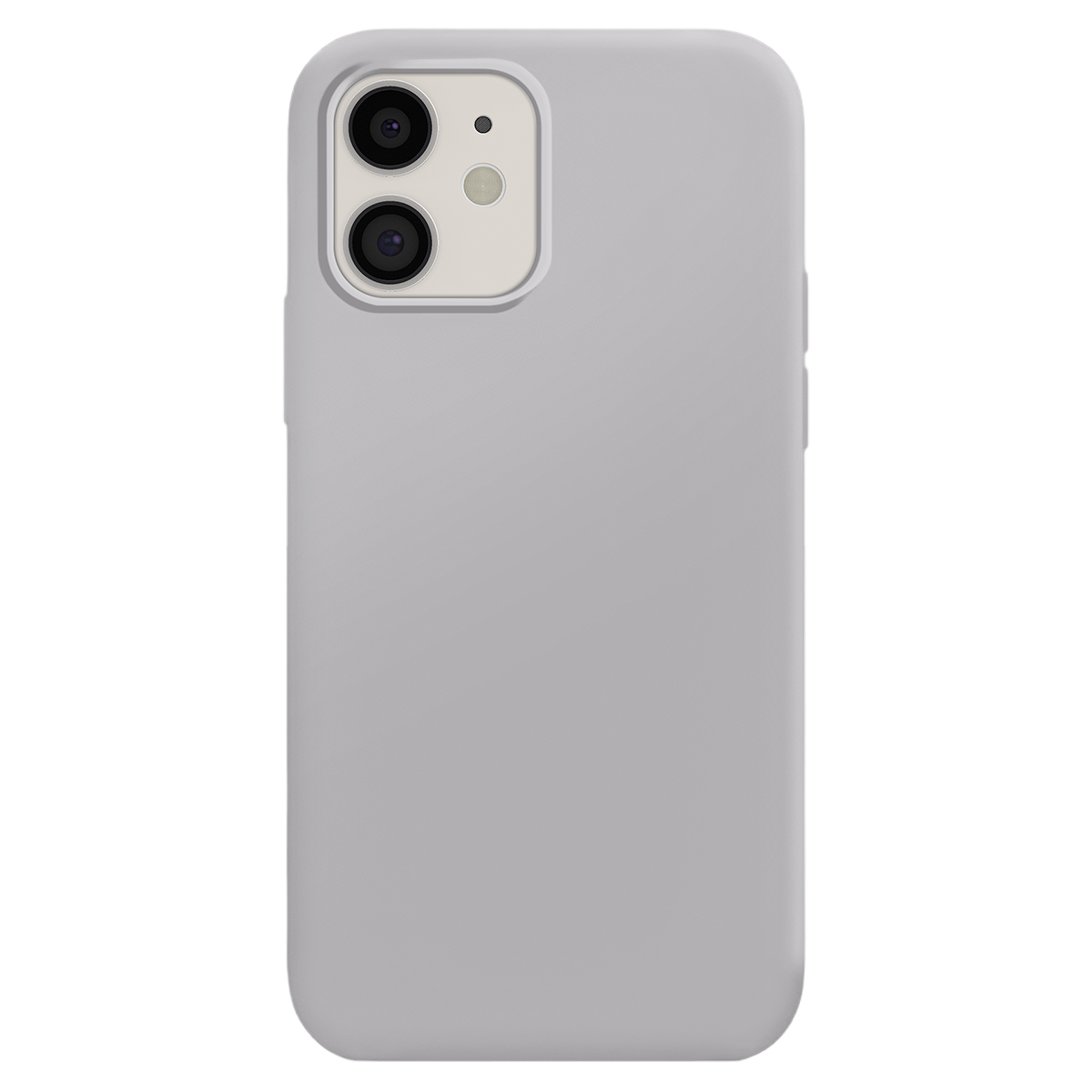 Custodia per telefono grigia con doppia fotocamera sul retro, isolata su sfondo bianco.