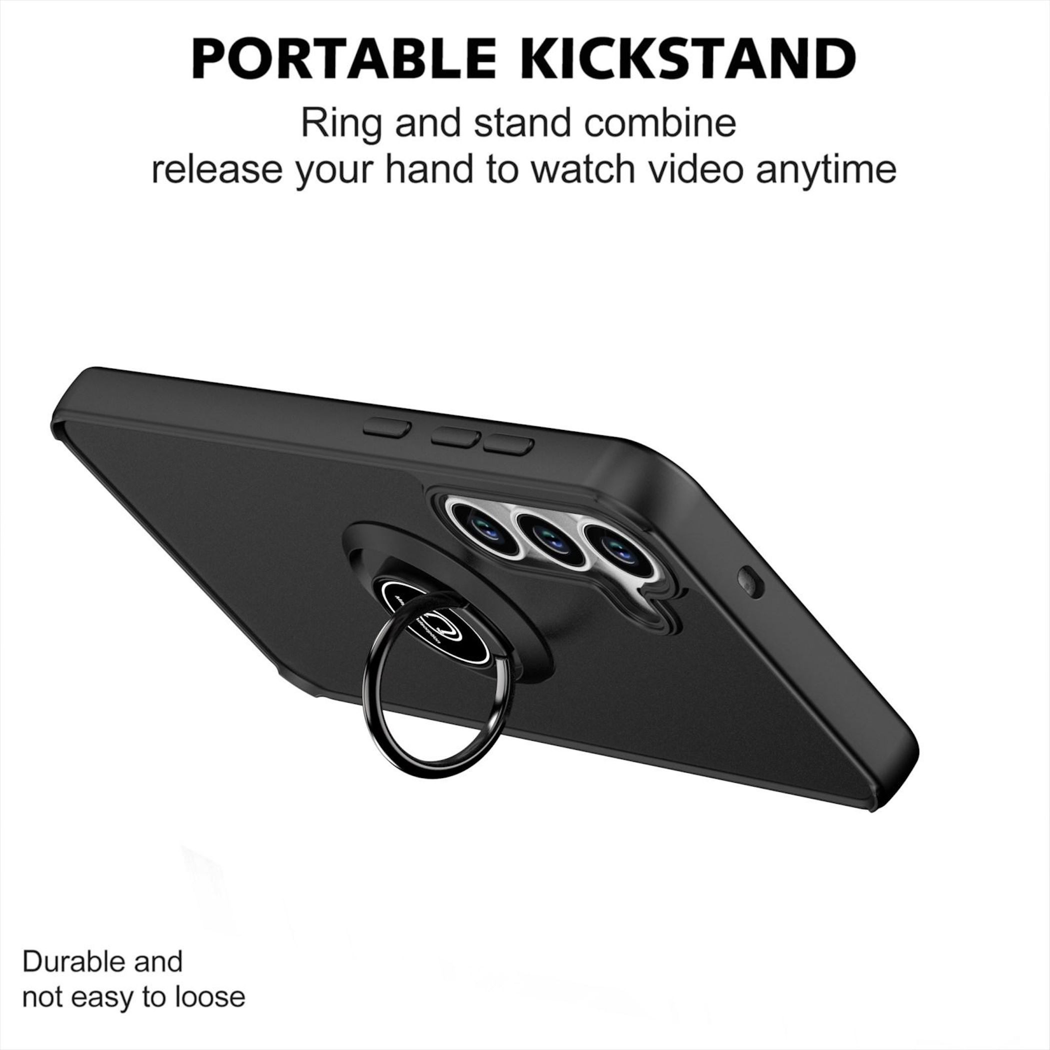 Custodia nera per telefono con anello e lenti fotocamera. Testo: 'Portable Kickstand'.