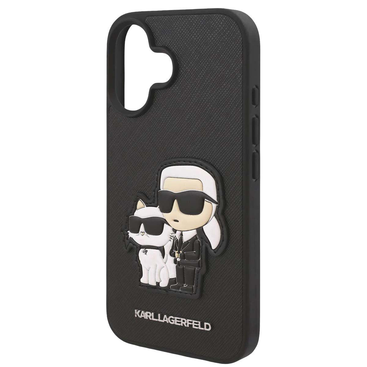 Cover nera per telefono con grafica di Karl Lagerfeld e un gatto bianco. Testo KARLLAGERFELD.